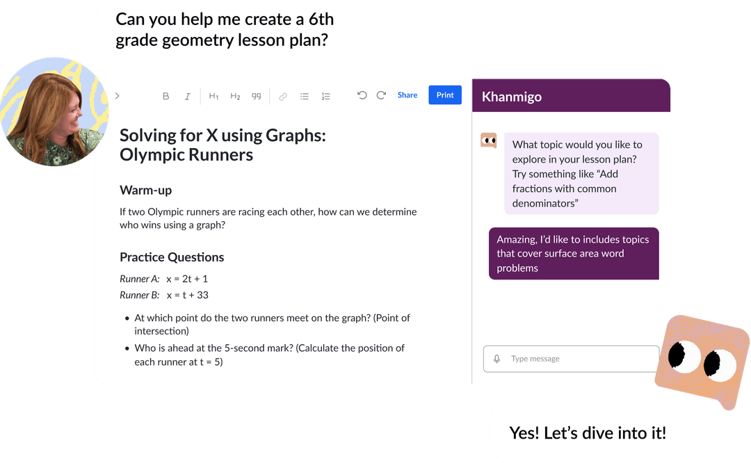 Voorbeeld van Khanmigo, de AI chatbot van Khan Academy, in gesprek met een gebruiker van Khan Academy in het Engels
